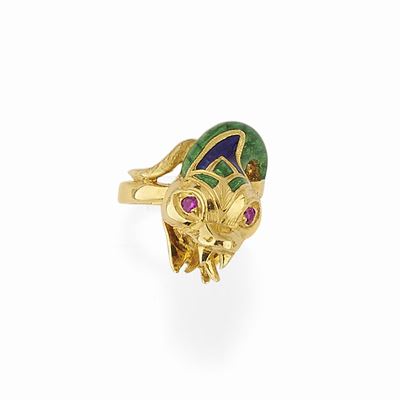 Anello in oro giallo 18K con smalti policromi e rubini a motivo serpente