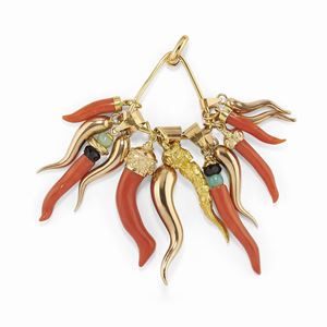 A 14K red gold, coral and gemstone pendant