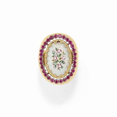 Anello in oro giallo 18K con smalti policromi e rubini
