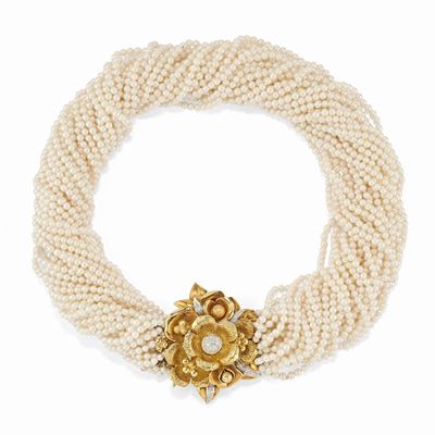 Collana a torchon in oro giallo 18K con perle e diamanti