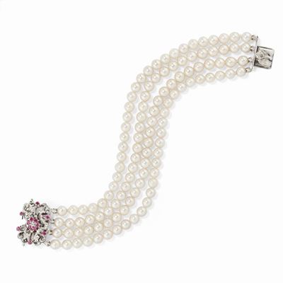 Bracciale, oro bianco 18K con perle coltivate, rubini e diamanti