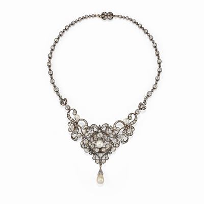 Collier antico in oro e argento, decorato con diamanti taglio vecchio e perle naturali, fine XVII...