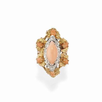 Anello con diamanti e coralli, oro giallo 14K, circa 1970