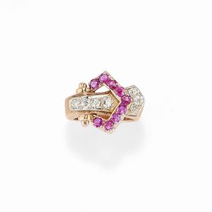 A 14K red gold, ruby and diamond ring, France circa 1940