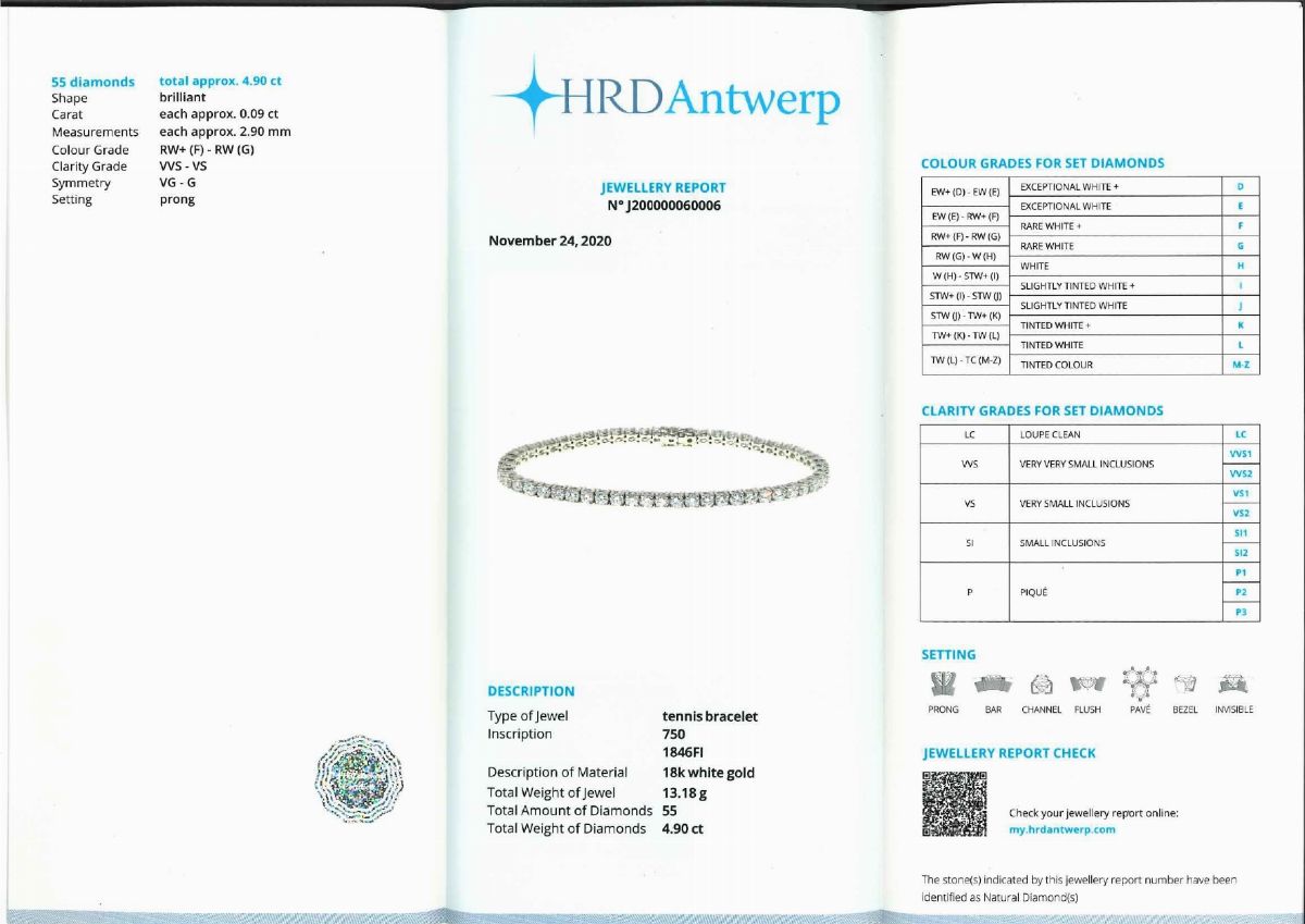 Bracciale tennis in oro bianco 18K con diamanti, 4,90 ct