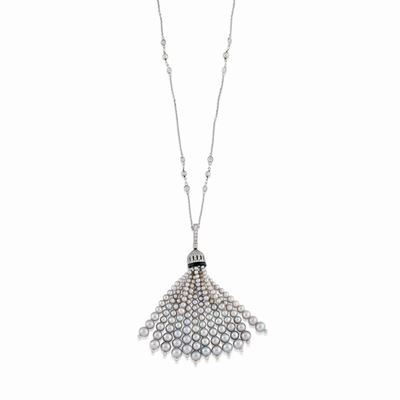 Collana con perle coltivate, diamanti e onice in oro bianco 18K