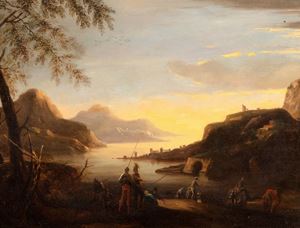 Paesaggio costiero con soldati