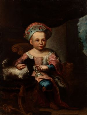 Scuola marchigiana, secolo XVIII - Portrait of a child dressed in oriental style with a little dog