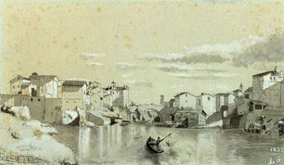 Roma, Isola Tiberina, china e acquerello su cartoncino, 1852