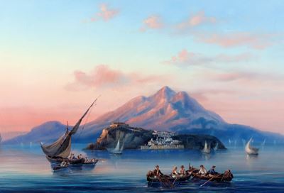 Pescatori al largo di Procida, gouache su cartoncino