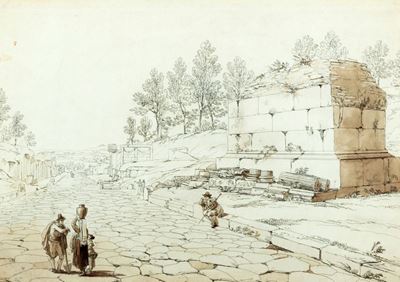 Autore non identificato, Roma, sosta lungo la Via Appia Antica, china e acquerello bruno su carto...