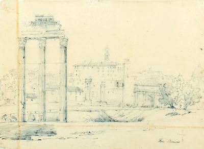Veduta del Foro Romano con il Campidoglio, china su carta velina