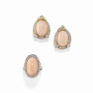 A 18K two-color gold, coral and diamond demi-parure, ring and earrings