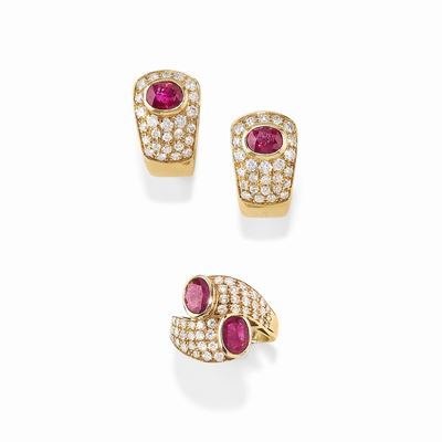 Demi-parure in oro giallo 18K con rubini e diamanti