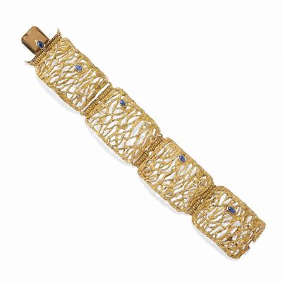 Bracciale in oro giallo 18K con zaffiri cabochon e diamanti taglio huit-huit