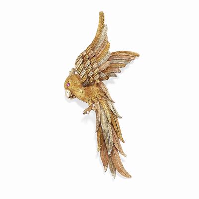 Spilla in oro 18K a forma di pappagallo con rubino