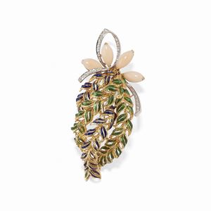 A 18K two-color gold, enamel, coral and diamond brooch