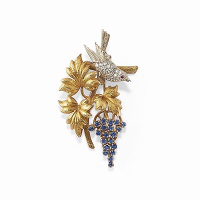 Spilla in oro giallo 18K con zaffiri, rubino e diamanti