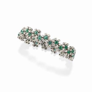 A 18K white gold, diamond and green glass stones bracelet
