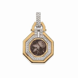A 18K yellow gold and silver, coin and diamonds pendant