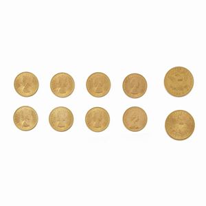 Twelve gold coins, ten pound and two dollars, partly illustrated