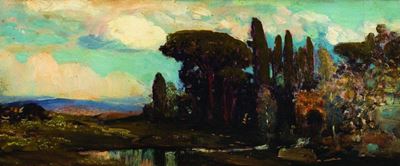 Campagna romana, l'antica villa, olio su tela riportata su cartone