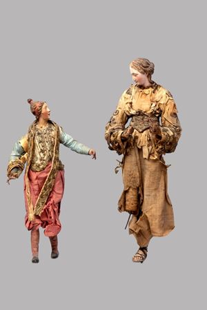 Lot of two nativity sculptures in terracotta and wood: Madonna and shepherdess, Naples 19th century