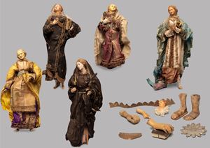 Lot of six terracotta and wood nativity sculptures, Naples 19th century