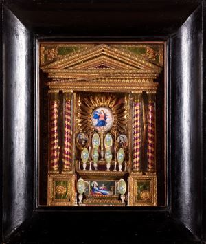 Ancient ebonized wood case containing 4 miniatures within a temple altar