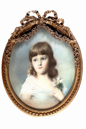 Half-length portrait of little girl with lily
