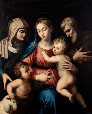 Scuola dell'Italia centrale, secolo XVII, nei modi di Raffaello - Holy Family with Sant&#39;Anna and San Giovannino