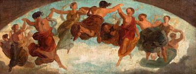 Due studi per lunette raffiguranti figure femminili allegoriche danzanti, olio su tela