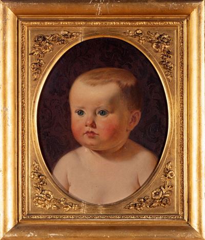 Due ritratti di bambino, olio su tela, forma ovale