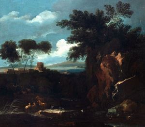 River landscape with rocks and herds in the foreground