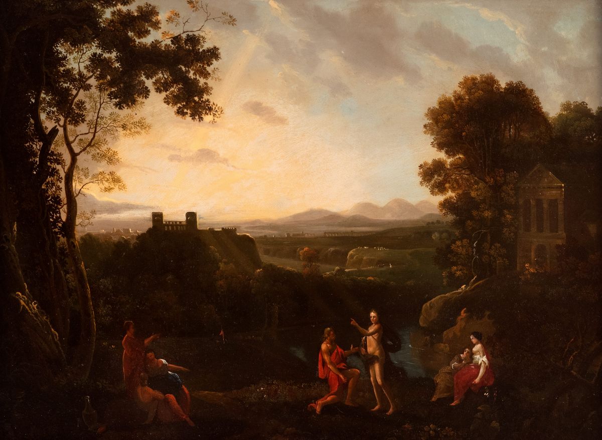 Scuola fiamminga, secolo XVII - Paesaggio arcadico con scena mitologica ...