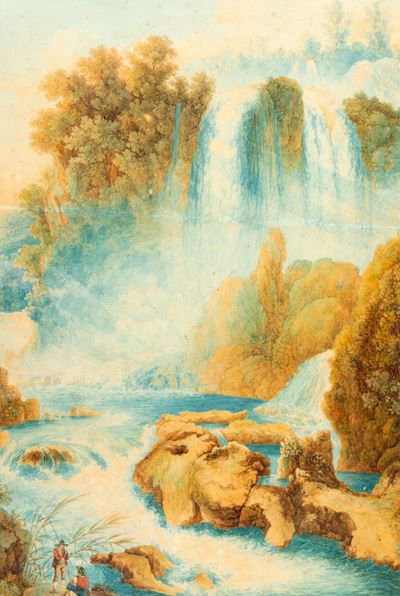 Paesaggio con cascata e due astanti in primo piano, acquerello su carta