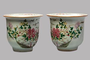 Pair of pink family vase holders, 19th century China