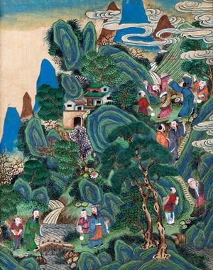 Painting on silk depicting a landscape with figures, 19th century China