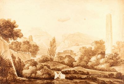 Paesaggio Laziale con Obelisco e Acquedotto in Rovina