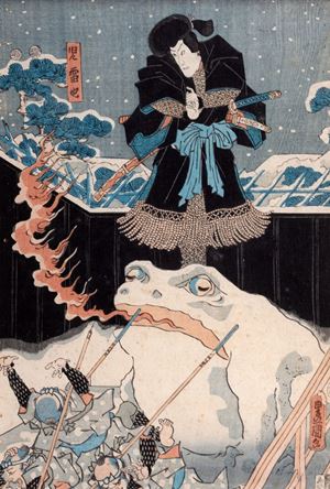 Stampa raffigurante scena di battaglia con Samurai e grande rana, Giappone periodo Meiji