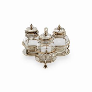A silver and glass set of salt and pepper holder, with Bulgari Roma box