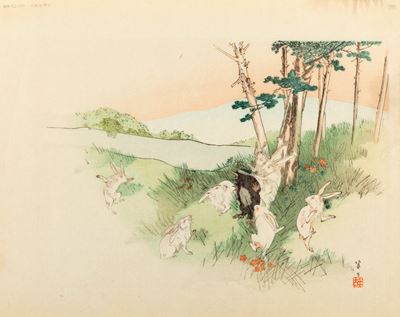 Stampa raffigurante talpa e conigli in un paesaggio, Giappone, periodo Meiji