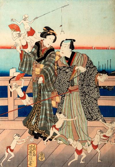 Stampa raffigurante figure su un pontile, Giappone, Periodo Meiji, cm 35,4 x 24,4