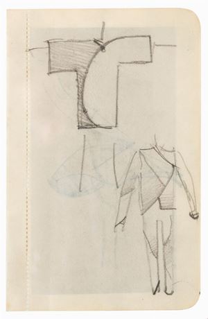 Balla Giacomo - A)Giacca e vestito futurista-taccuino 4: progetto per il Vestito Antineutrale , 1914 ca; B) Studio per scarpe e per vestito futurista- taccuino 4 1914 ca