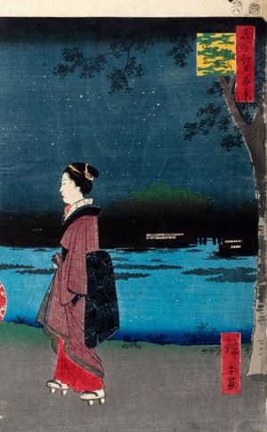 Stampa raffigurante donna che cammina sulla riva di un fiume sotto il celo stellato, Giappone periodo Meiji