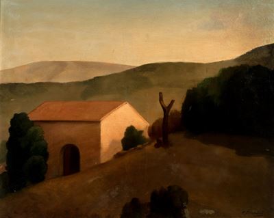 Paesaggio con il tetto rosso, olio su tela