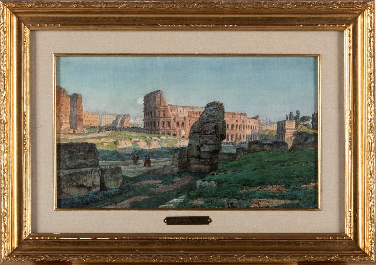 Pietro Sassi - Roma, passeggio nei pressi del Colosseo, acquerello su cartoncino
