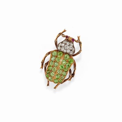 Spilla Animalier con Diamanti, Pietre Verdi e Rosse, XX Secolo