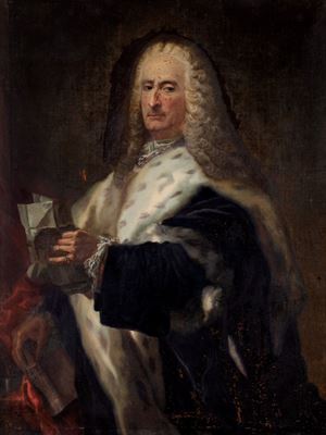 Scuola veneta, metà del secolo XVIII - Portrait of Angelo della Vecchia, three-quarter lenght, with an ermine mantle