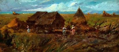 Capanne nella Campagna romana, olio su legno